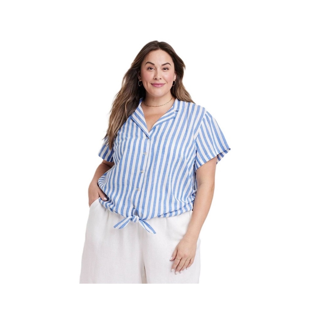 NWT Ava & Viv Linen Short Sleeve Collared Button-Down Top size 1X